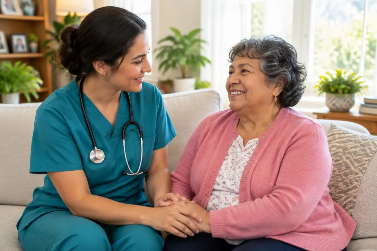 Caregiver holding hands with a smiling senior woman on a sofa