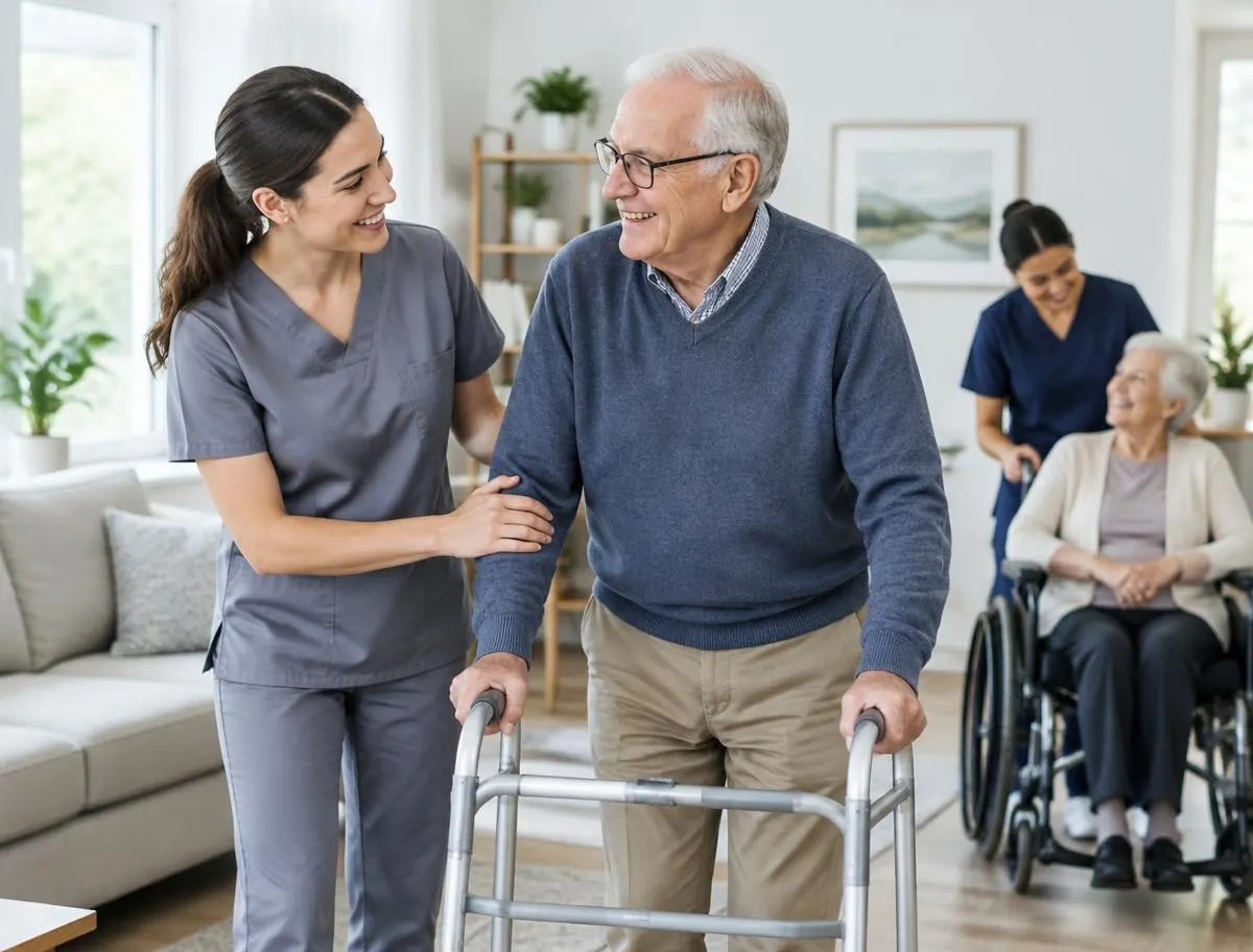 Caregiver helping a senior man walk safely with his walker at home